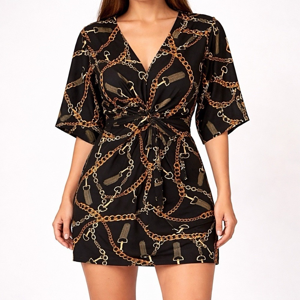 Women's Black Gold Chain Mini Dress Loose Fit Tie Waist Flowy Front Tunic Fits S